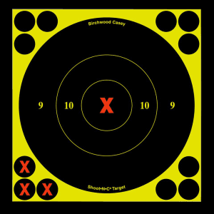 Birchwood Casey 34560 ShootNC Reactive Target SelfAdhesive Paper Air RifleCenterfire RifleRimfire Rifle BlackYellow 6 XBullseye Includes Pasters 60 Per Pkg