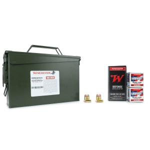 Winchester USA Target Pack 9mm 115 Gr FMJ / Winchester Defense 9mm 115 Gr JHP 150 Rounds in Heavy Duty Ammo Can Bundle