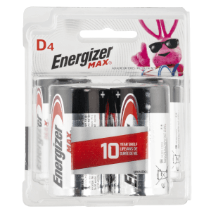 Energizer MAX-D Alkaline 1.5 Volt Batteries  4 Pack
