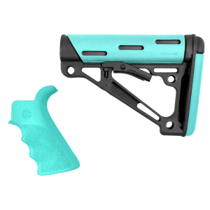 Hogue 13455 OverMolded 2Piece Kit Collapsible Aqua OverMolded Rubber Black Aqua Rubber Grip for AR15 M16 with Commercial Tube (Tube Not Included)