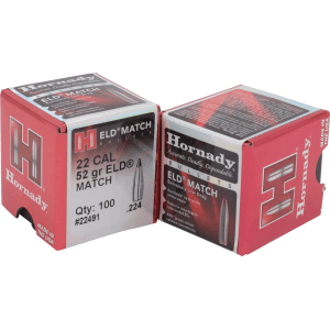 Hornady 22 Caliber 52gr ELD Match Target Projectiles 100/Box