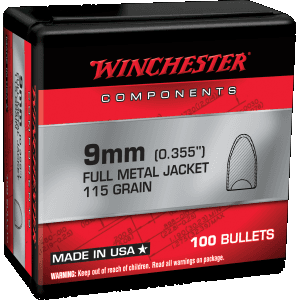 Winchester 9mm 115gr FMJ Flat Base Bullets 100ct